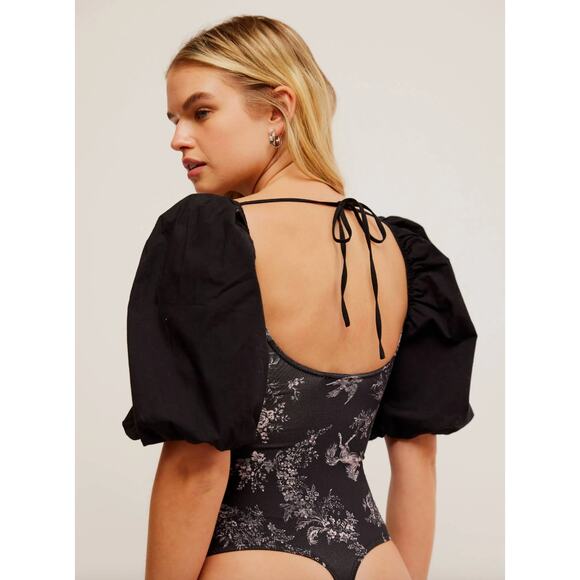 Free People Prarie Rose Puff Sleeve Bodysuit Black Coquette Romantic Large NWT - Picture 5 of 13